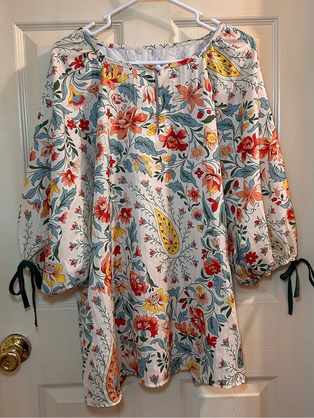 Floral Peasant Blouse with Tie Sleeves - White Multi